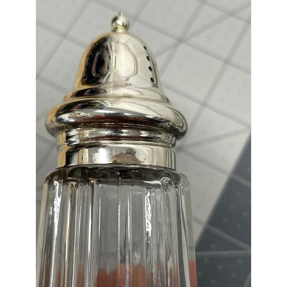 Vintage Leonard Crystal Salt and Pepper Shakers Japan Silver Plated Top Set